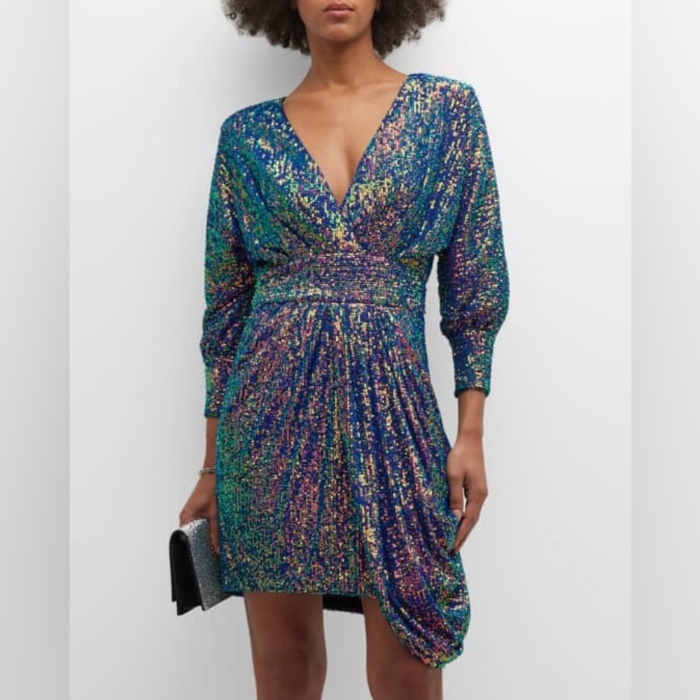 Sequin V-Neck Mini Dress in Iridescent Blue-Green